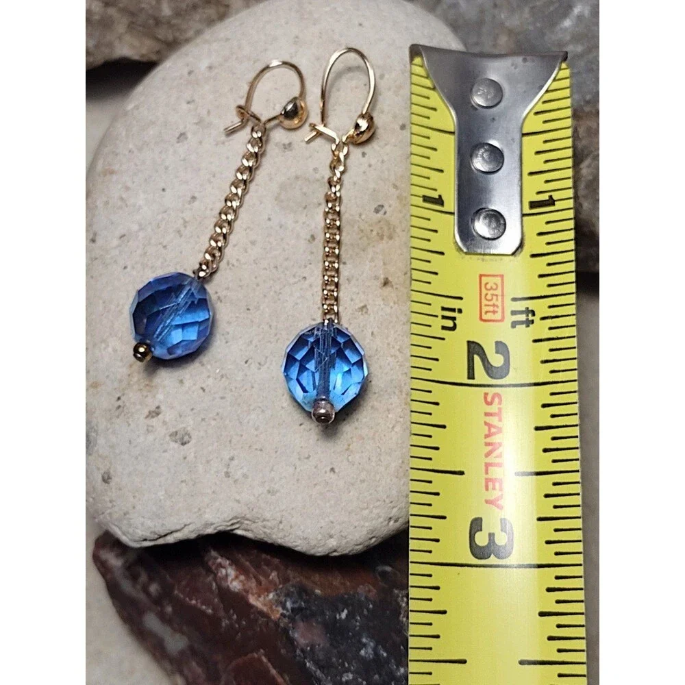 Blue Crystal Bead Gold Plated Chain Drop Dangle Earrings